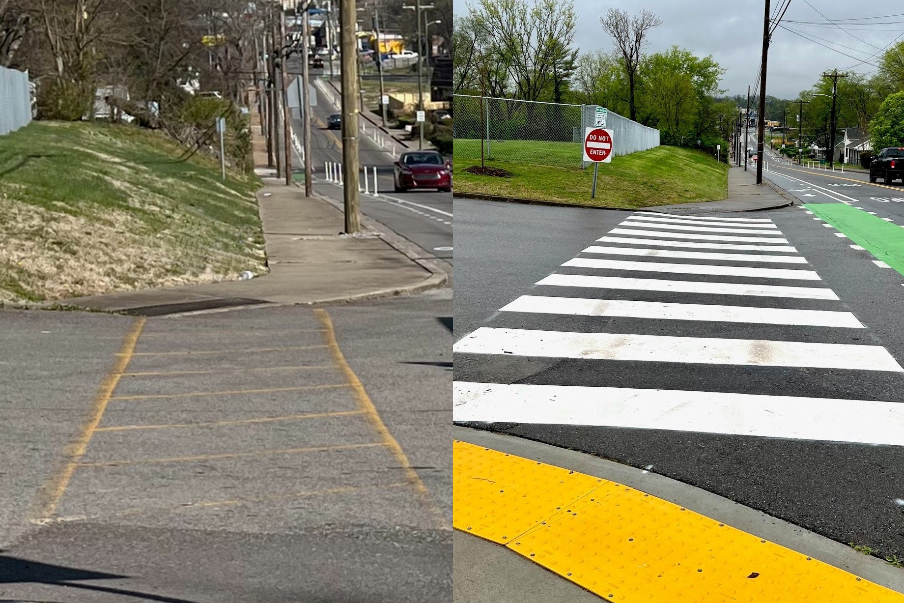 Left: faded crosswalk; Right: newly painted crosswalk