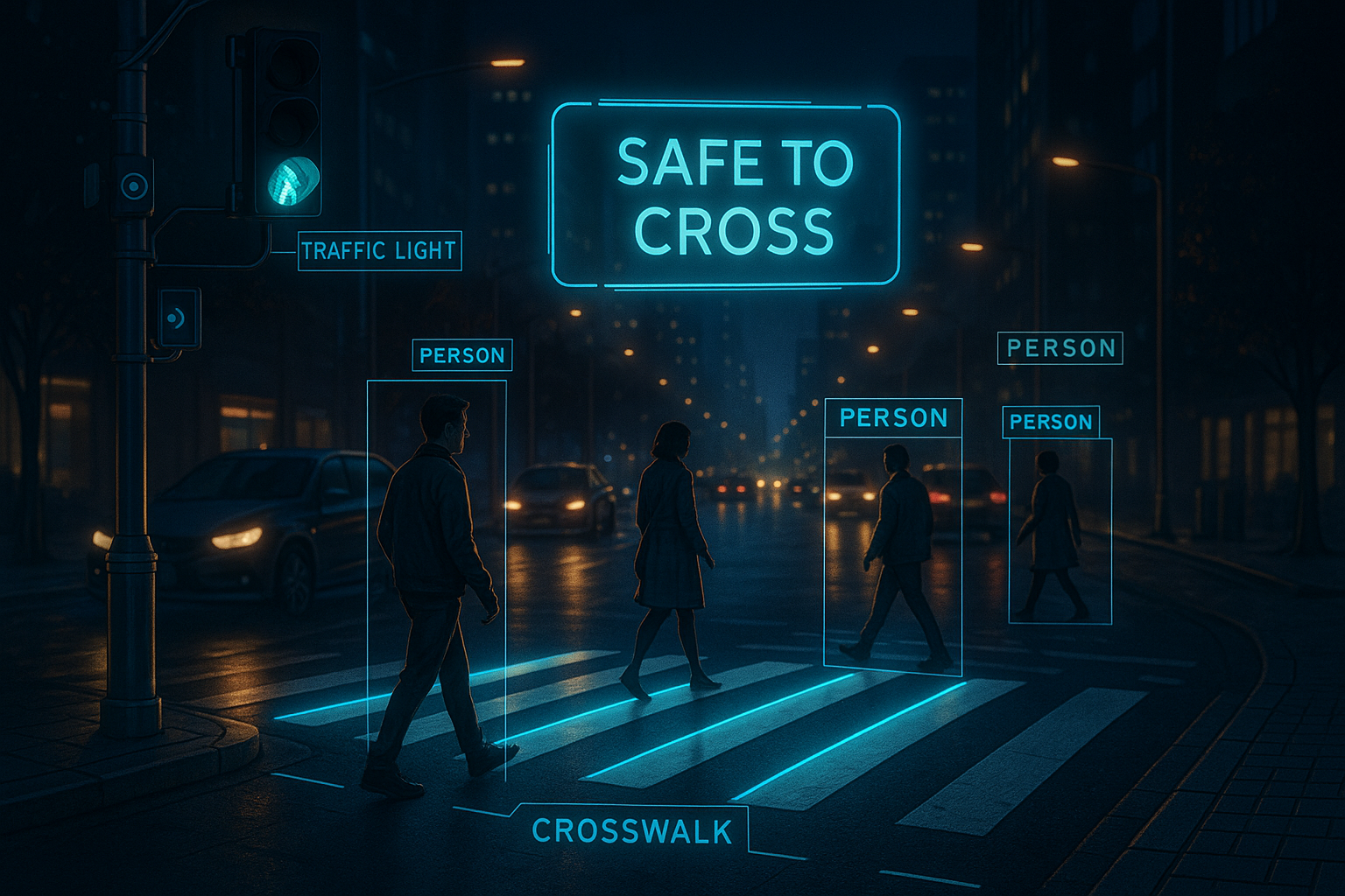 Futuristic smart city crosswalk at night with AI and glowing lights
