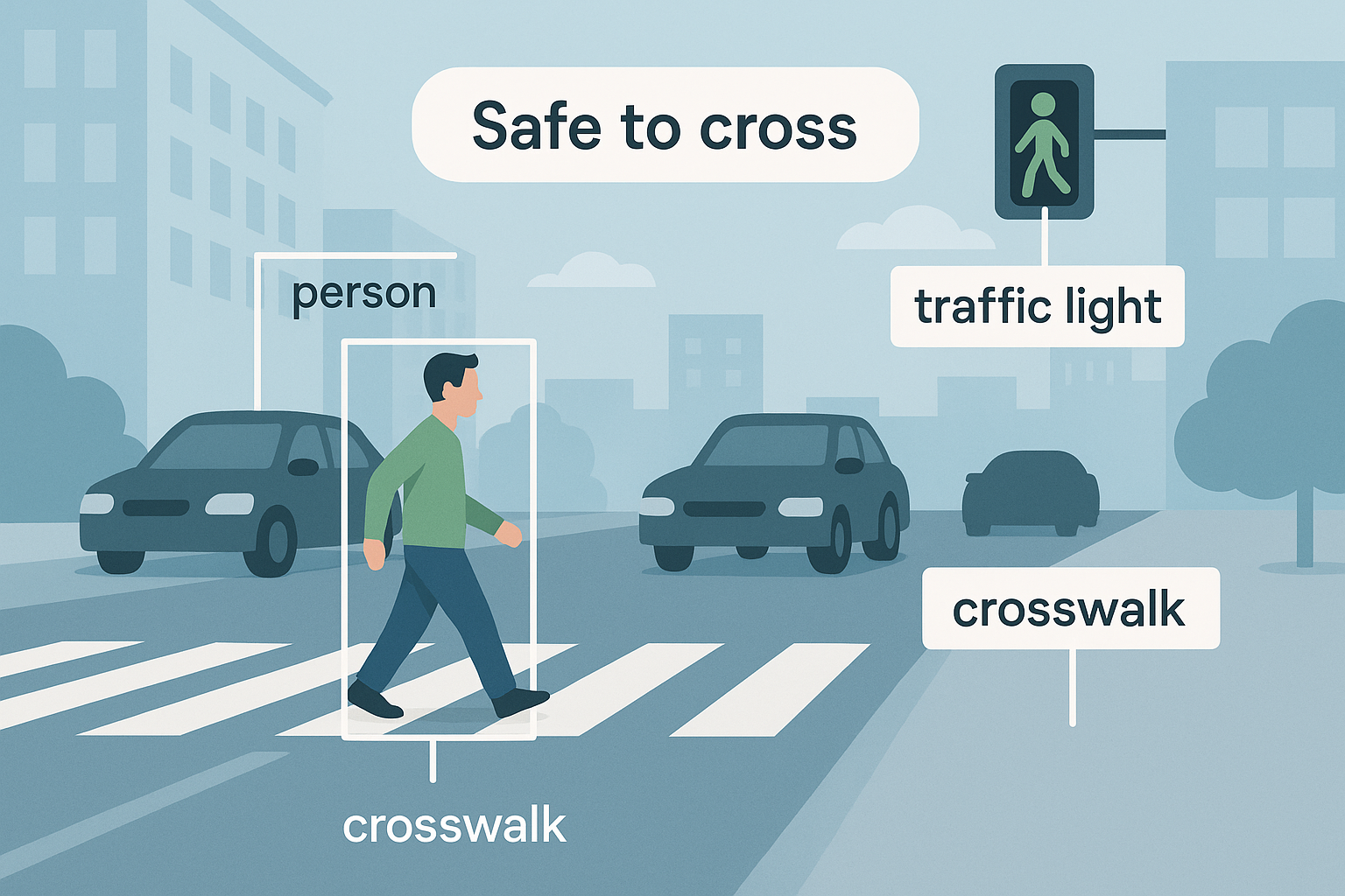 Multimodal reasoning example with labeled person, traffic light, and crosswalk, showing a 'Safe to cross' decision